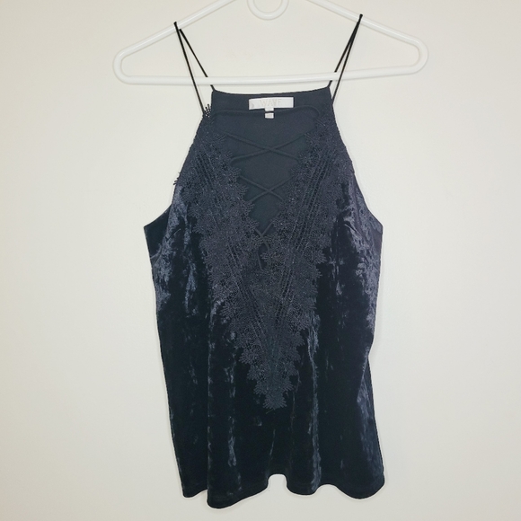 Wayf Tops - Wayf Velvet Top Womens Medium Black Sexy Lace Fall Wednesday Adams Classy Chic